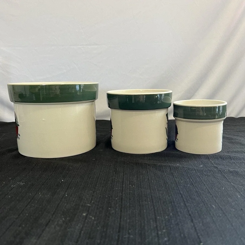 VTG Style Apple Ceramic Crock Set 3 Piece Nesting Kitchen Canisters Green Rim - Picture 2 of 14